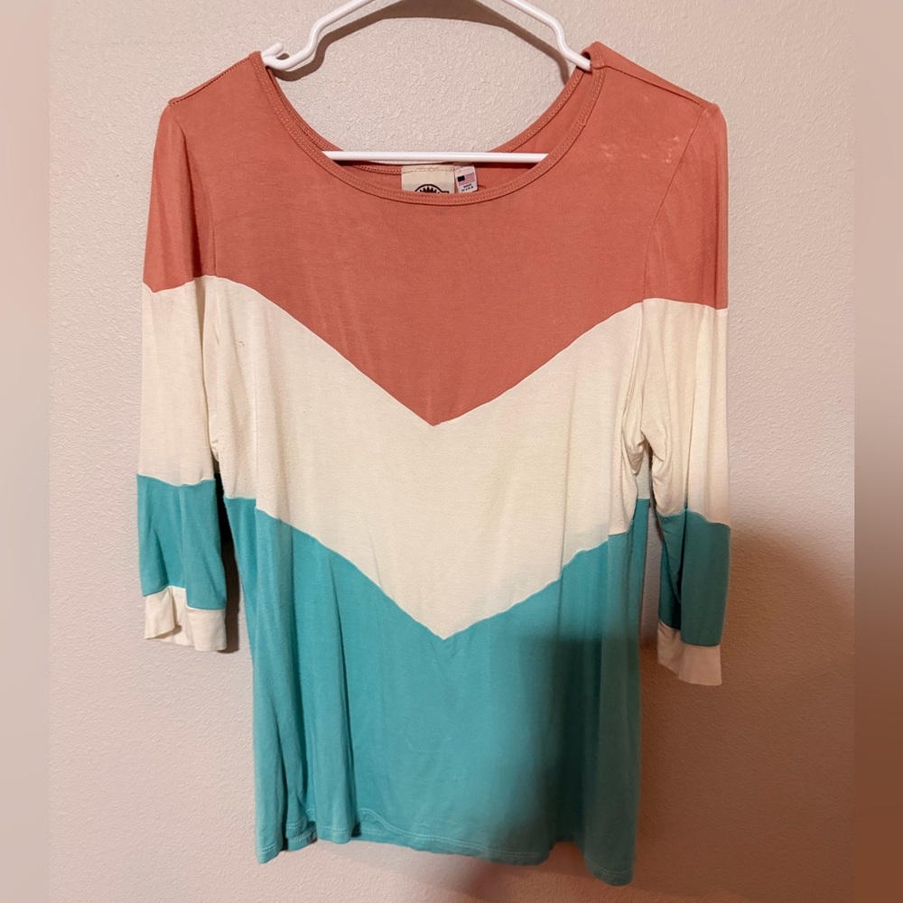 Three-Tone Chevron Scoop Neck Long-Sleeve Top - Coral, White & Teal